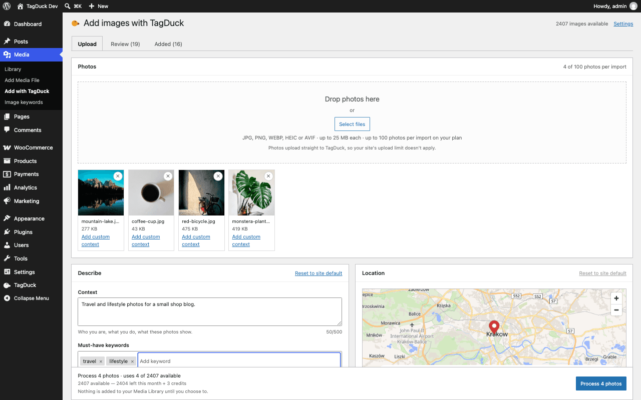 The "Add images with TagDuck" screen with four uploaded travel photos, a context field, must-have keyword chips and a map with a location pin on Kraków.