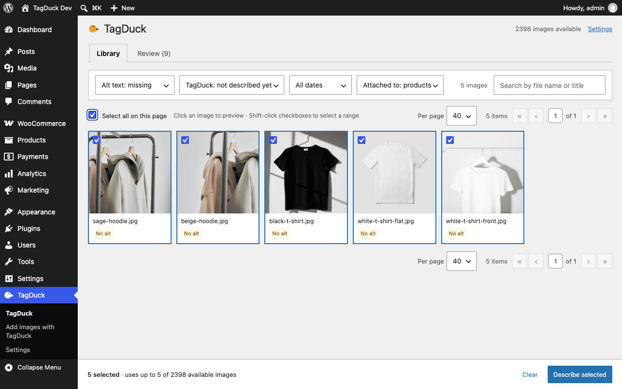 TagDuck Library in the WordPress admin: five product photos of hoodies and T-shirts, all selected and marked "No alt", with filters for missing alt text and a "Describe selected" button.