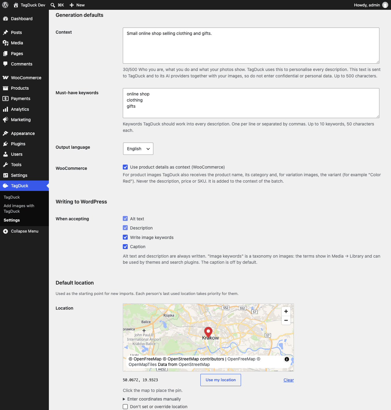 TagDuck Settings with generation defaults: context text, must-have keywords, output language, the WooCommerce product-details option, what is written when accepting, and a default map location.
