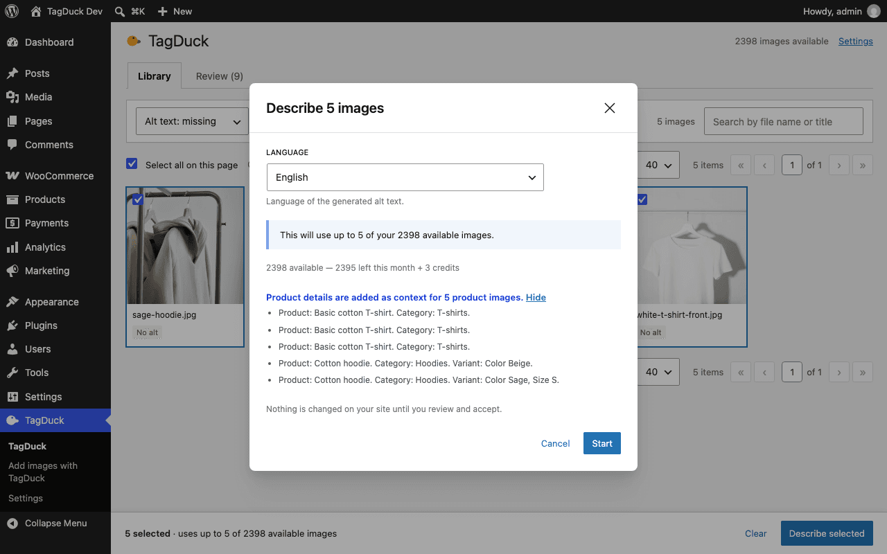 The "Describe 5 images" dialog with an output language selector, the number of images the batch will use, and a list of WooCommerce product details added as context.